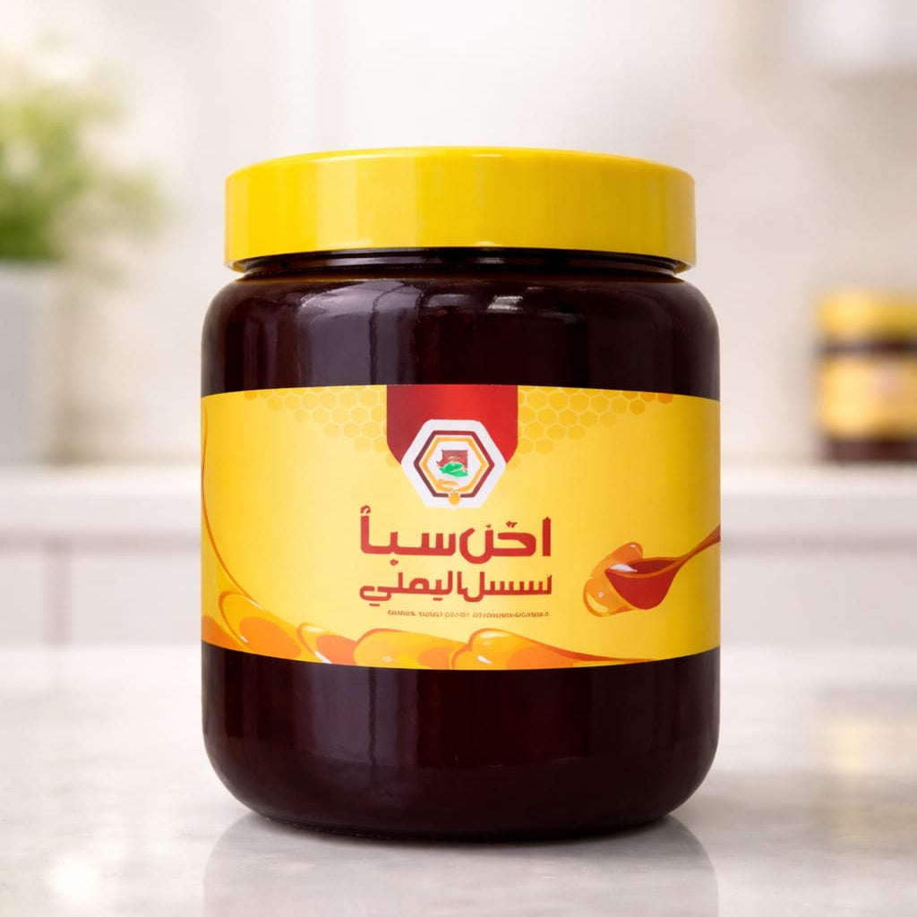Jar of honey with a yellow label on a reflective surface